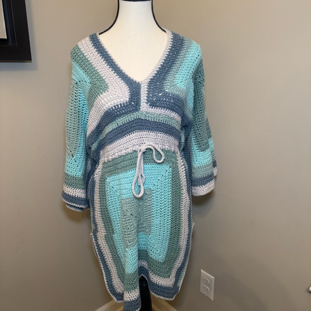 Vintage Hand Crocheted Boho Sweater Dress Granny Square Teal Blue Drawstring
